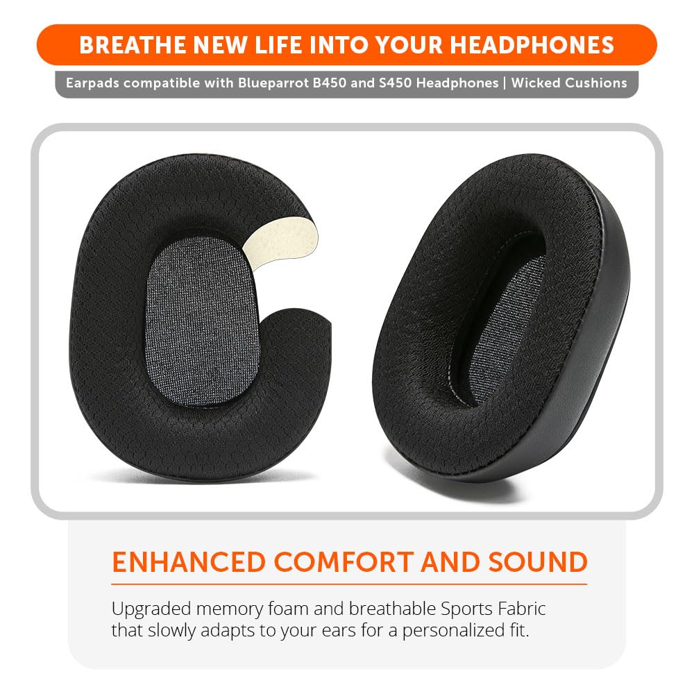 WC PadZ B450-XT - Extra Large Hybrid Earpads for BlueParrot B450XT & S450 by Wicked Cushions | Enhanced Comfort & Breathable Sports Fabric | Black