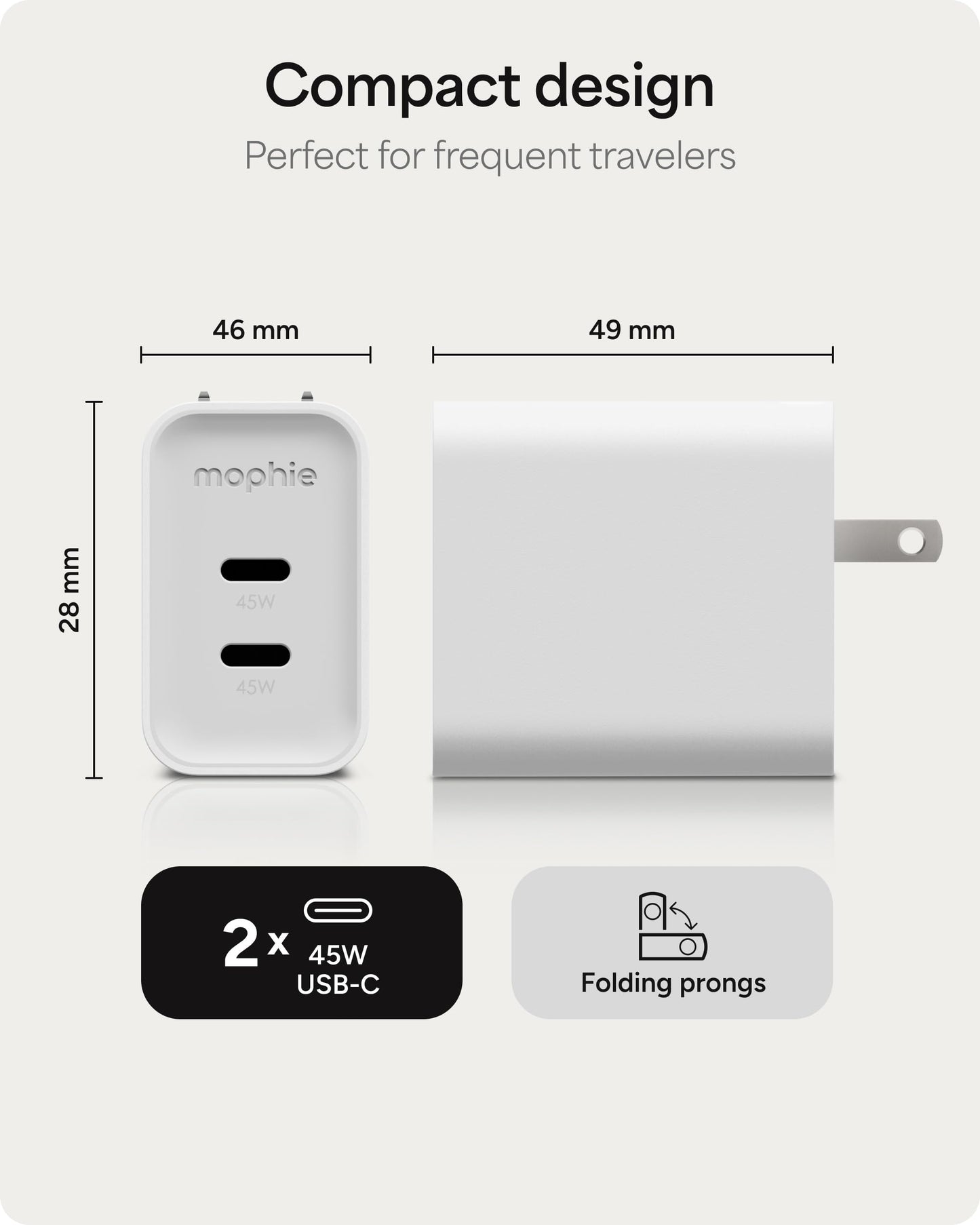 Mophie Speedport 45 GAN USB-C Charger Block - 45W Fast Wall Charger, 2× USB?C PD Ports, Compact Foldable Prongs, Made with Recycled Materials
