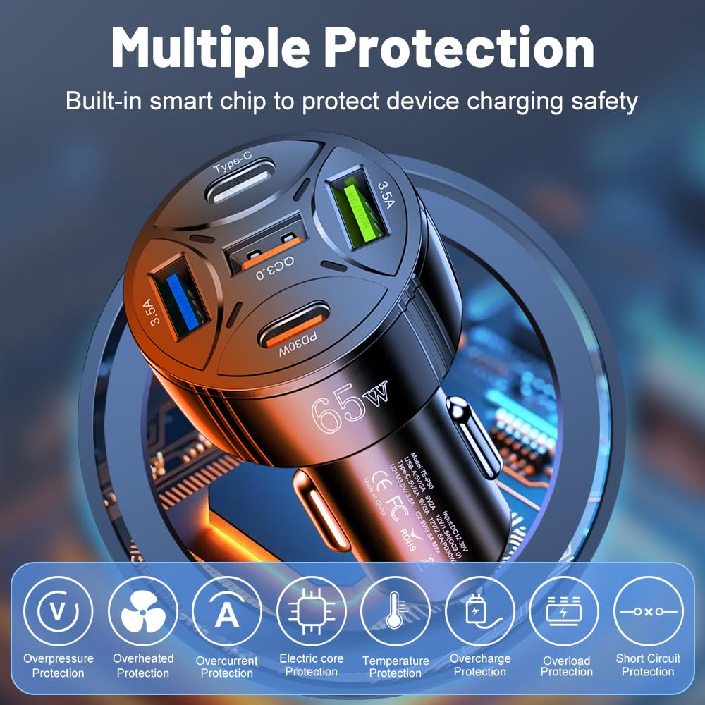Alanph Super Fast Charging USB-C Car Charger Adapter, 65W 5-in-1 Multi-Port PD30W & QC3.0 Cigarette Lighter USB Charger