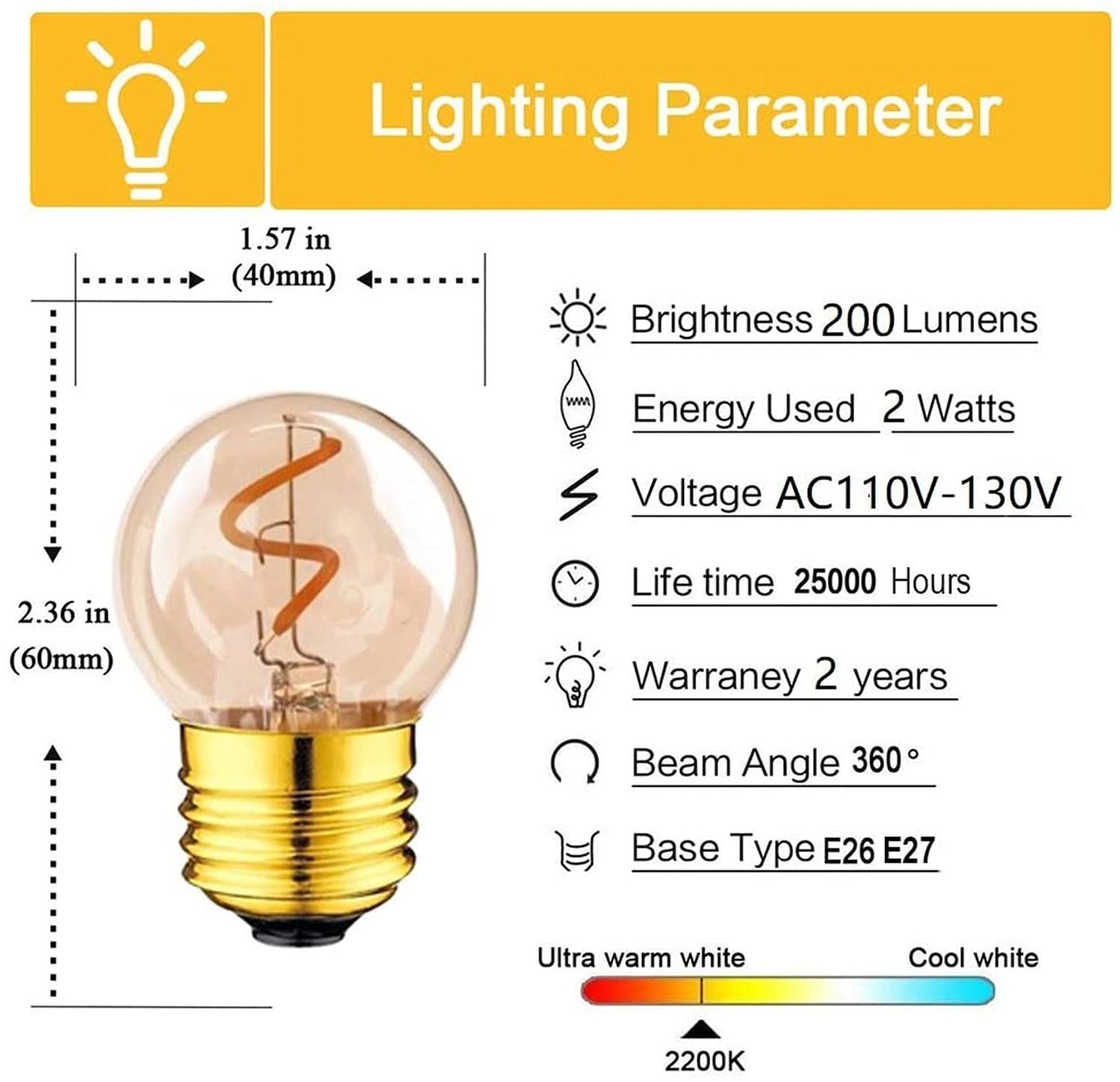 Qixivcom 2W G40 LED Filament Light Bulb Dimmable(5-Pack)- E26 Mini Led Bulb 120V 20W Equivalent LED Edison Light Bulb 2200K Warm White Decorative
