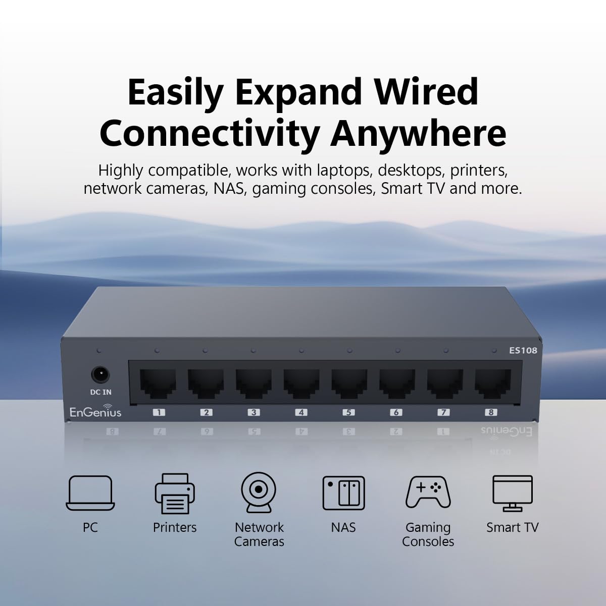 EnGenius 8-Port Gigabit Unmanaged Switch (ES108) | 5X GE Ports high-Speed Connections | Plug and Play | fanless Silent Operation | IEEE 802.3az Energy