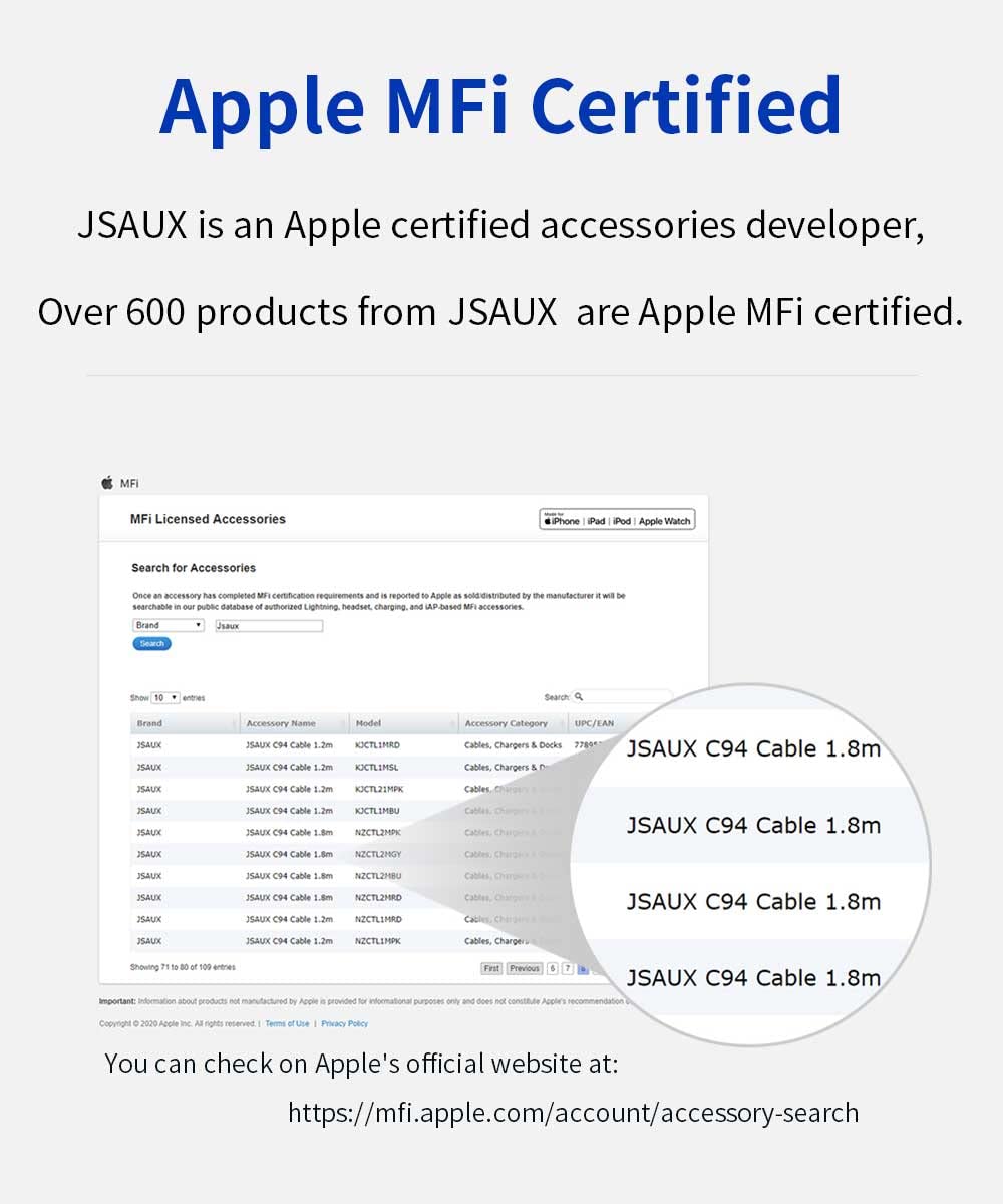 JSAUX MFi Certified Lightning Cable 6ft, Charger Cable for iPhone Nylon Braided Heavy Duty, Upgraded C89 USB Lightning Cord for iPhone 11 Xs Max X XR…