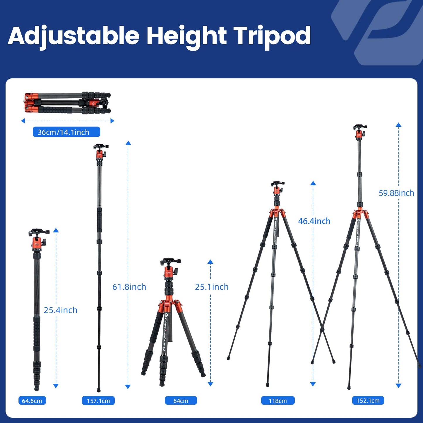 Fotopro 62" Carbon Fiber Travel Tripod, Lightweight Compact Camera Tripod with Ball Head, Detachable Monopod with Arca-Swiss Release Plate and Bag