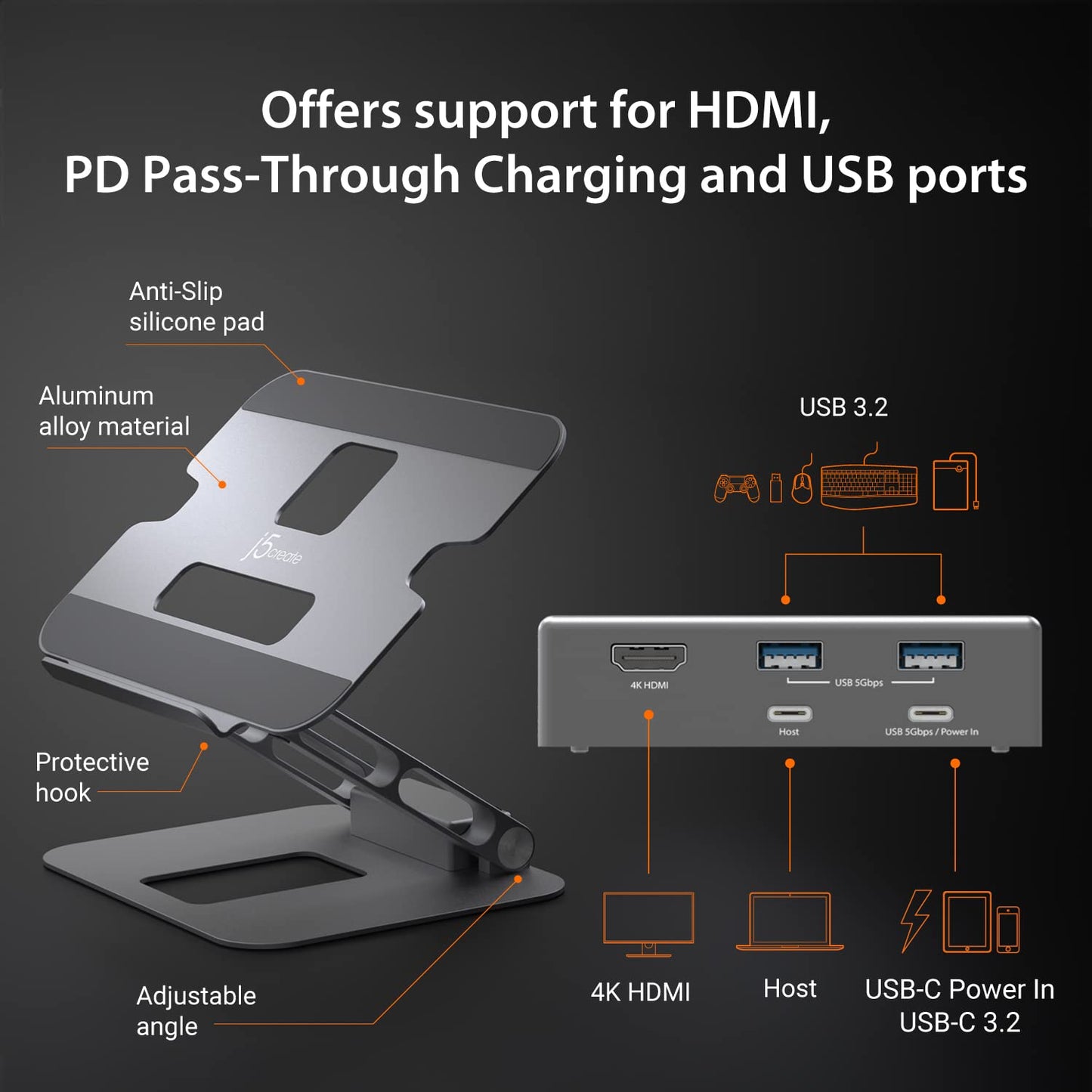 j5create Laptop Stand with USB C 4K HDMI Display Hub - 2 USB A 5Gbps, PD 100W with USB-C 5Gbps | Aluminum Computer Riser for MacBook and Windows