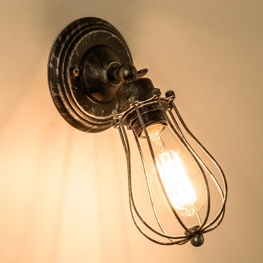 Vintage Wall Lamp Adjustable Rustic Retro Wire Cage Wall Light Industrial Style Indoor Lighting Fixture ;Moonkist (Silver)