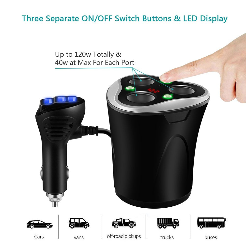 Skyocean 3 Socket Cigarette Lighter Splitter Power Adapter + 3 USB Car Charger 120W 12V/24V DC Outlet with Volt Meter, On/Off Switch for Cell Phone