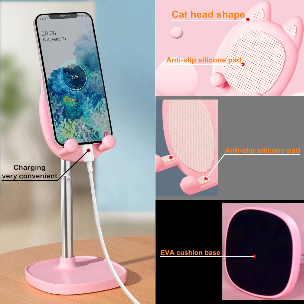 Hearsky Cute Cat Phone Stand, Cat Head Cell Phone Holder for Desk,Angle&Height Adjustable Compatible with All