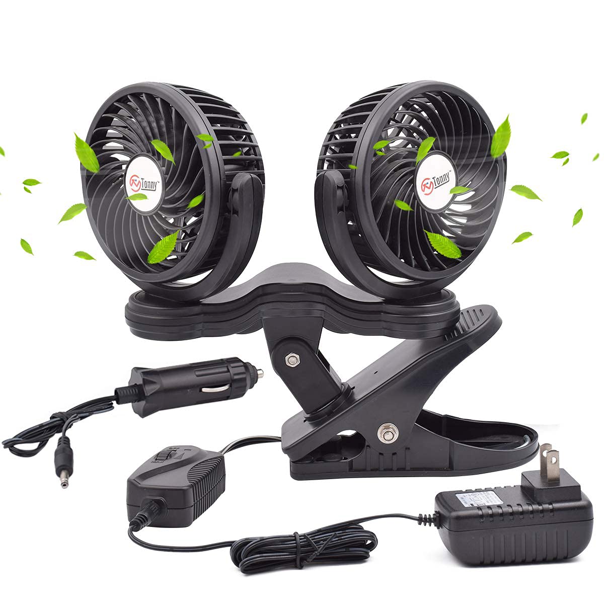 TN TONNY Brushless Motor Dual Head Clip On Fan,with DC 12V and AC 110V Power Adapter in Car and Home Use, 7 Blades Air Cooling Dual Head Fan
