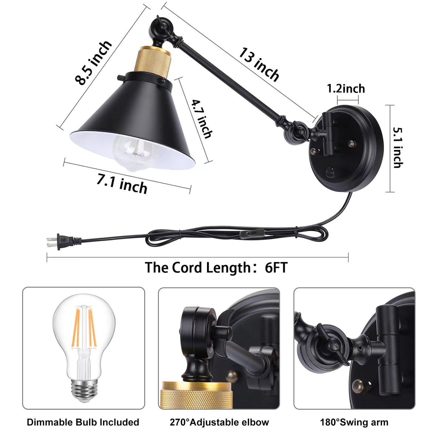 TRLIFE Wall Sconce Plug in, Dimmable Wall Sconces Swing Arm Wall Lights with Plug in Cord, Wall Mounted Light with Dimmer On/Off Knob Switch, UL