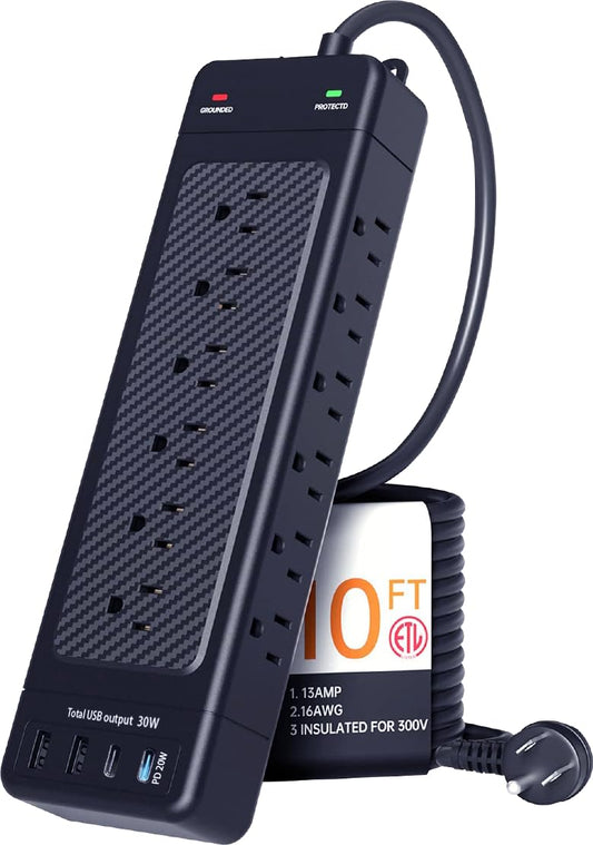 Surge Protector Power Strip/Heavy Duty 10ft Extension Cord with Multiple outlets/High Joules Protection (4800J)/18AC/1875W/15A/Usb A+C(PD20W),Flat