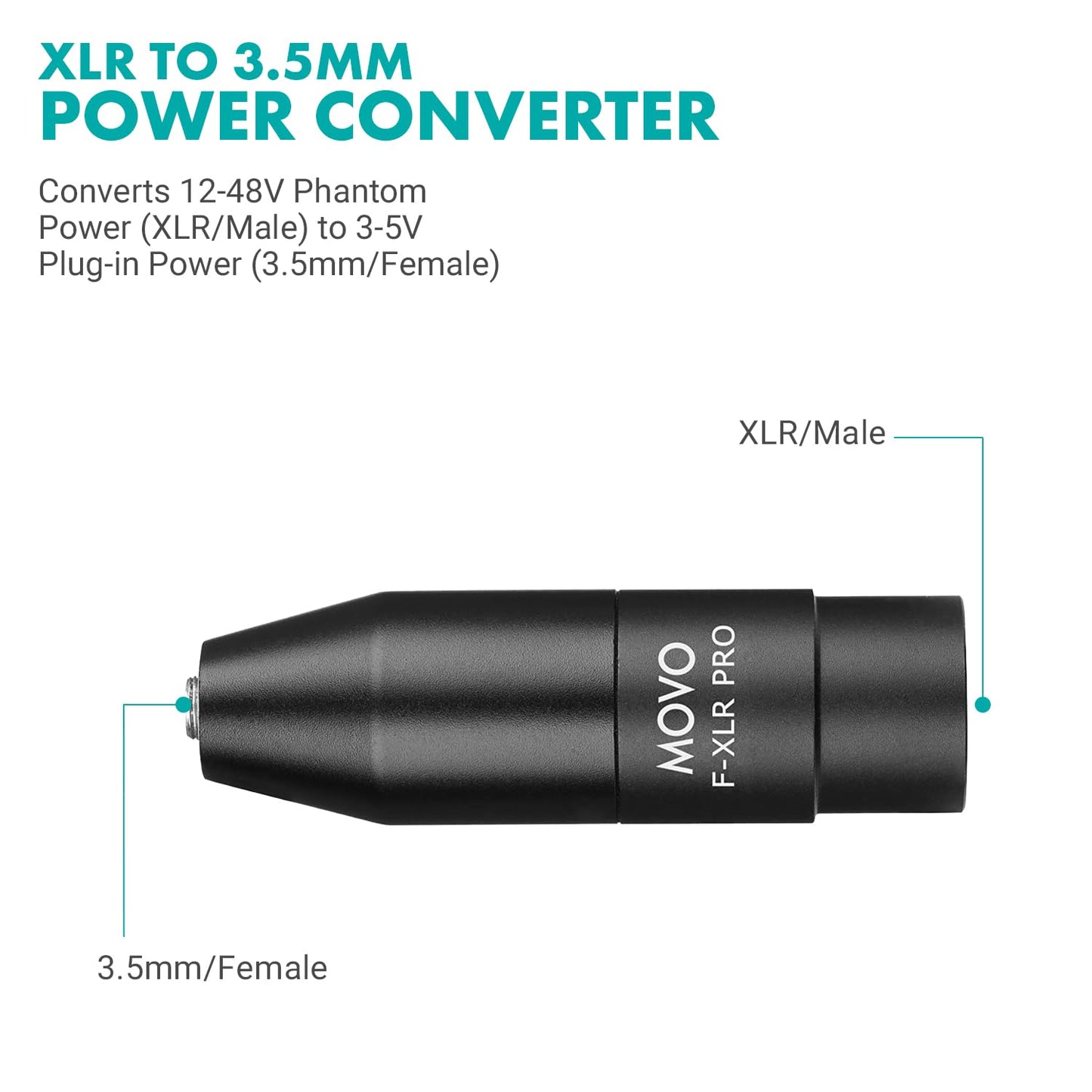 Movo FXLR-PRO 3.5mm (TRS) Mini-Jack Female Microphone Adapter to 3-pin XLR Male Connector with Integrated Phantom Power Converter