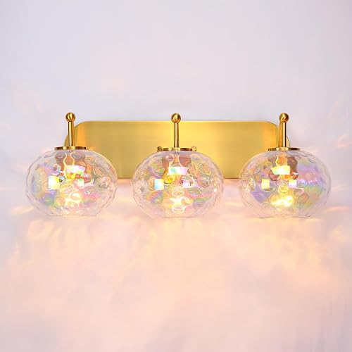 Wrlmfy 23" Brushed Gold Vanity Light Stained Hammered Glass Wall Sconce 3-Light Brass Wall Lamp for Hallway Living Room Stairwell Bathroom Over Mirror