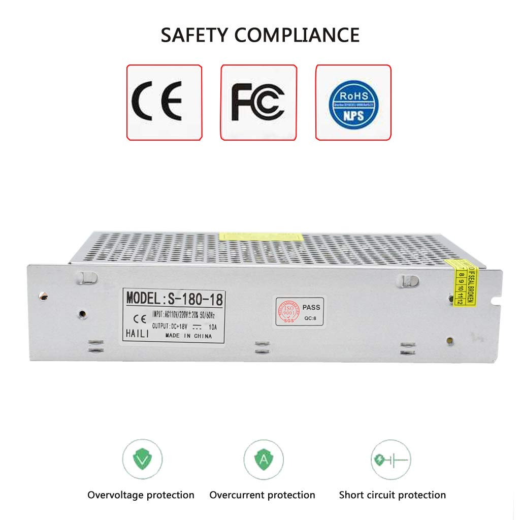Hailimayo 18V 10A Switching Power Supply, 180W Corded Electric Transformer, Industrial Automation, Electronic Equipment, Communications, CE, RoHS
