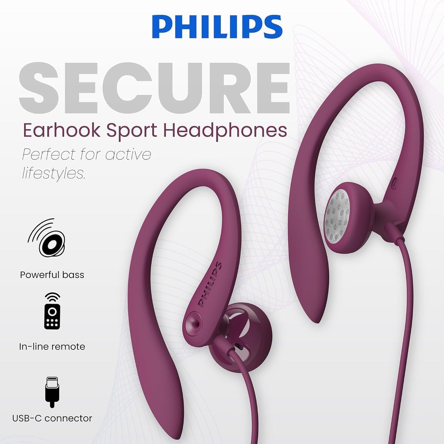 PHILIPS USB-C Wired Earbuds with Microphone & in-Line Control, Over Ear Earhook, Compatible with iPhone 15 & 16, Samsung, Android Type-C Phones