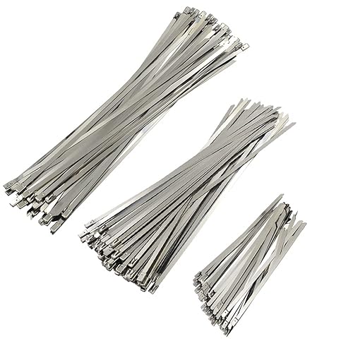 DGOL 110 packs 3 Sizes 304 Stainless Steel Cable Ties Wrap 5.9, 9.9, 11.8 inch Heavy Duty Self Locking Metal Zip Fence Repair Tie Clamps Kit