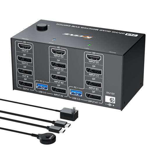 4 Monitors 2 Computers KVM Switch 8K@60Hz/4K@120Hz, Reyoten HDMI DP KVM Switches for 2 Computers Sharing 4 Monitors and Keyboard Mouse with Power