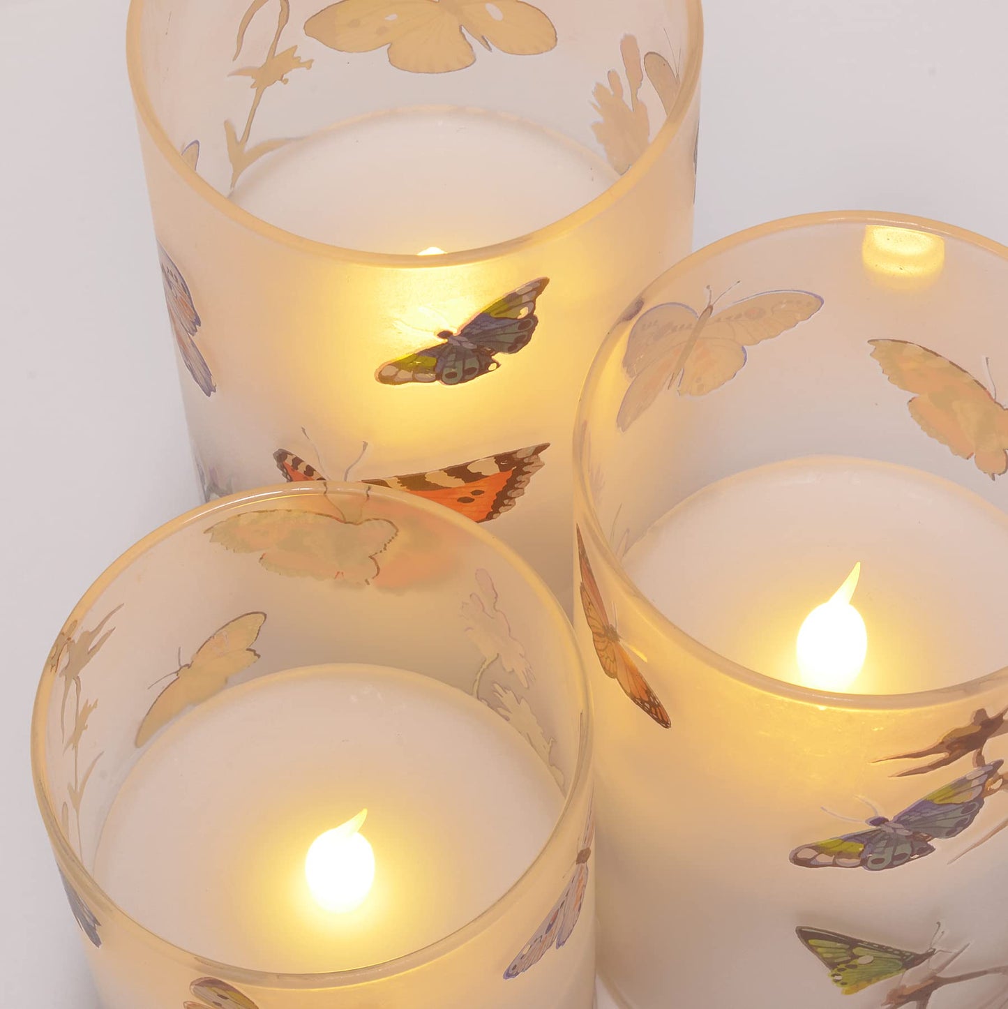 Mark Feldstein & Associates Butterflies and Wildflowers Flameless LED Glass Pillar Candles, Set of 3, 6 Inch