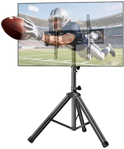 Vanteek Portable Tripod TV Stand for 32-75 inch TVs, Heavy Duty Outdoor Height Adjustable Floor TV Stand with 15° Tilt for Flat/Curved Screens, Holds