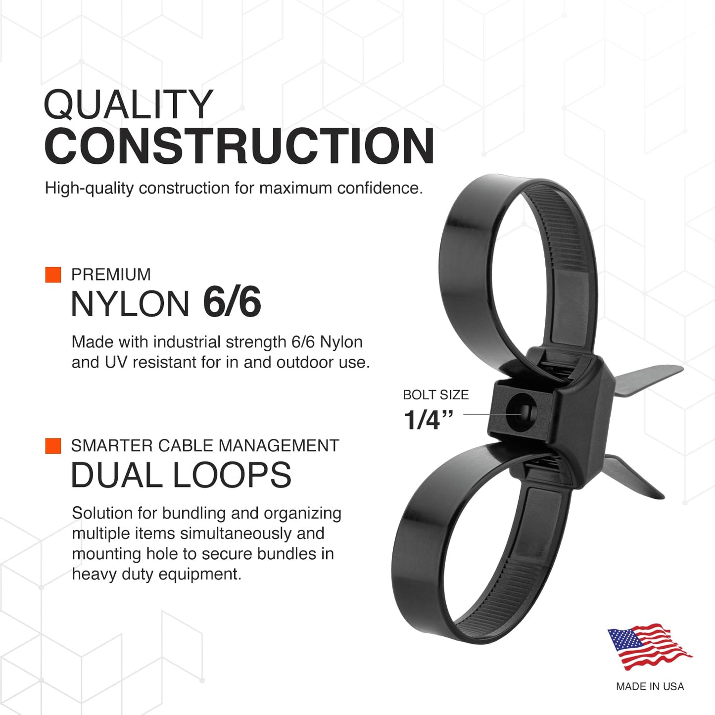 TR Industrial Contractor Series Dual Loop Impact Resistant Heat Stabilized Cable Ties, 13", UV Black, Made in USA, 10-Piece