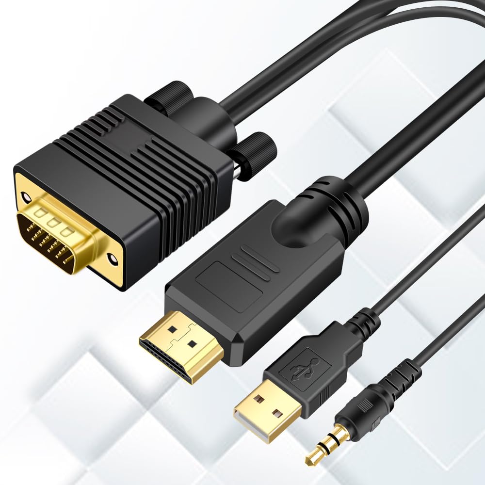 Kirzi VGA (Sources) to HDMI (Display) Cable 6ft with Audio, VGA Maleto HDMI Male Converter Cord Adapter Cable Compatible Witch Computer/Laptop