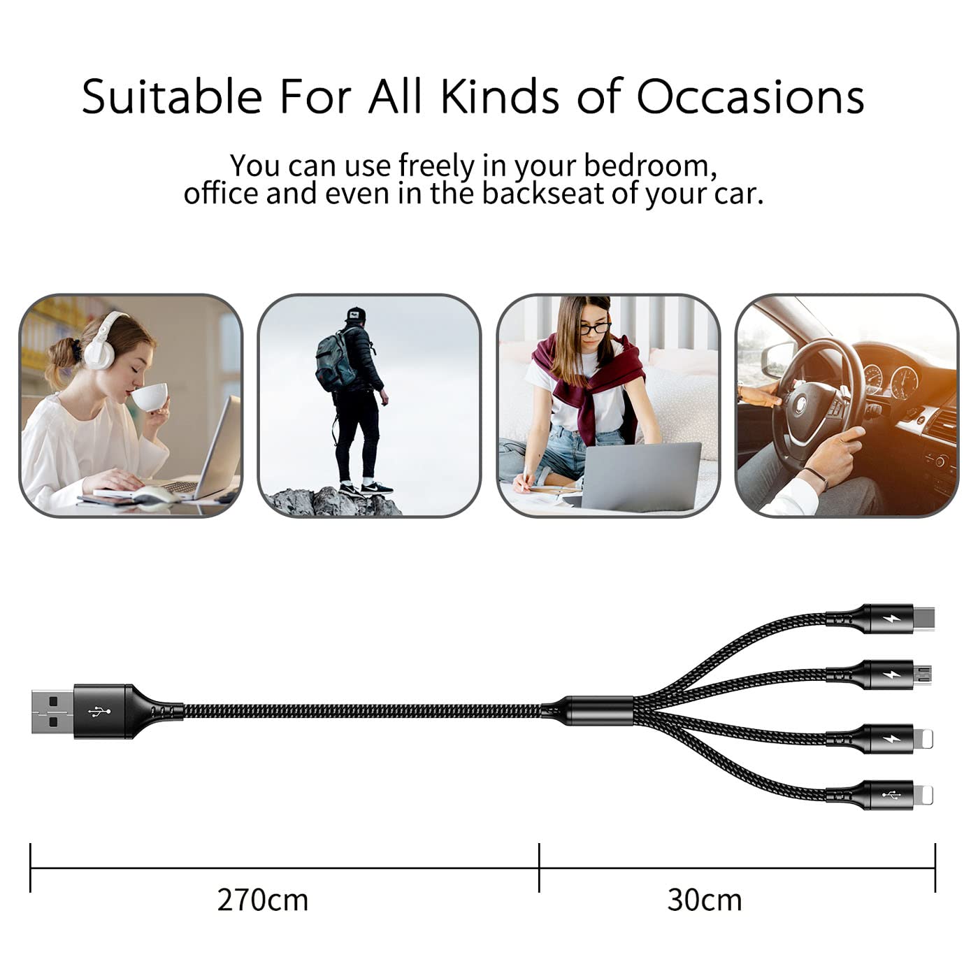 UZAHSK Multi USB Charger Cable 2Pack [4A,10ft ] 4 in 1 USB Fast Charging Cable with IP/Type C/Micro USB Ports Adapter for Phone