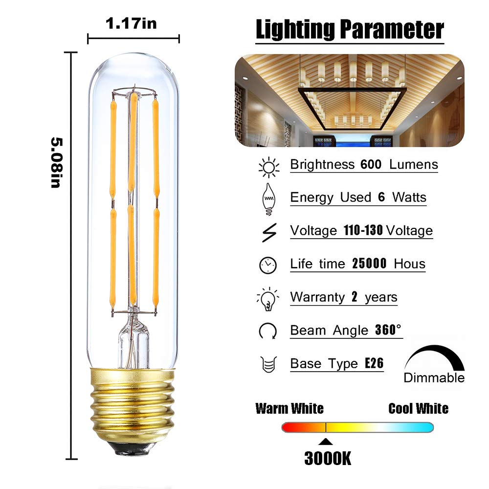 LVYE Dimmable T10 Edison Led Tubular Bulb 3000K Soft White E26 Vintage Led