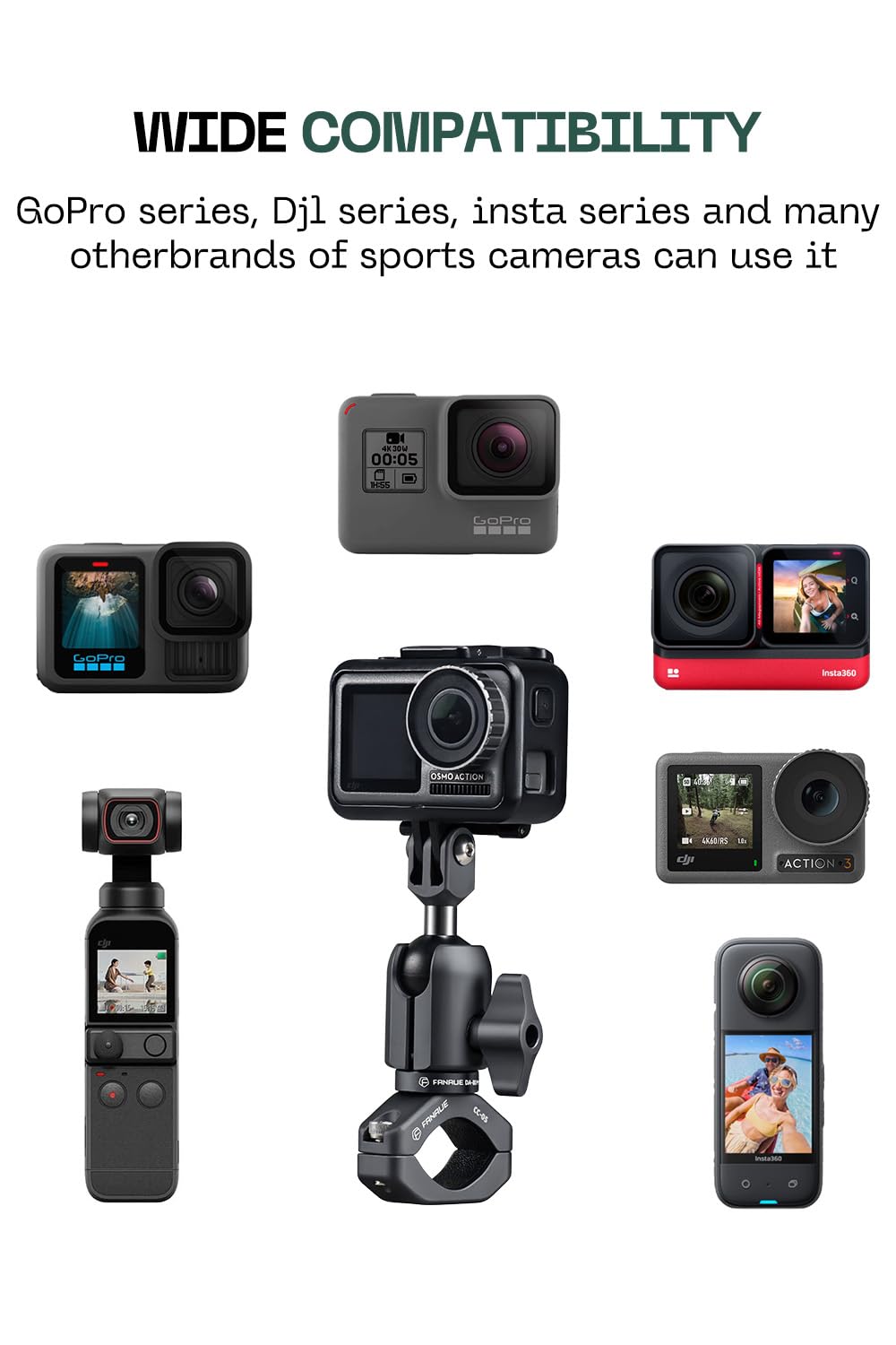 FANAUE Action Camera Universal Ball Adapter with Handlebar Clamp Mount U-Bolt Base,B Size 1" Ball Compatible Gopro Hero Series/AKASO/DJI/Action Camera