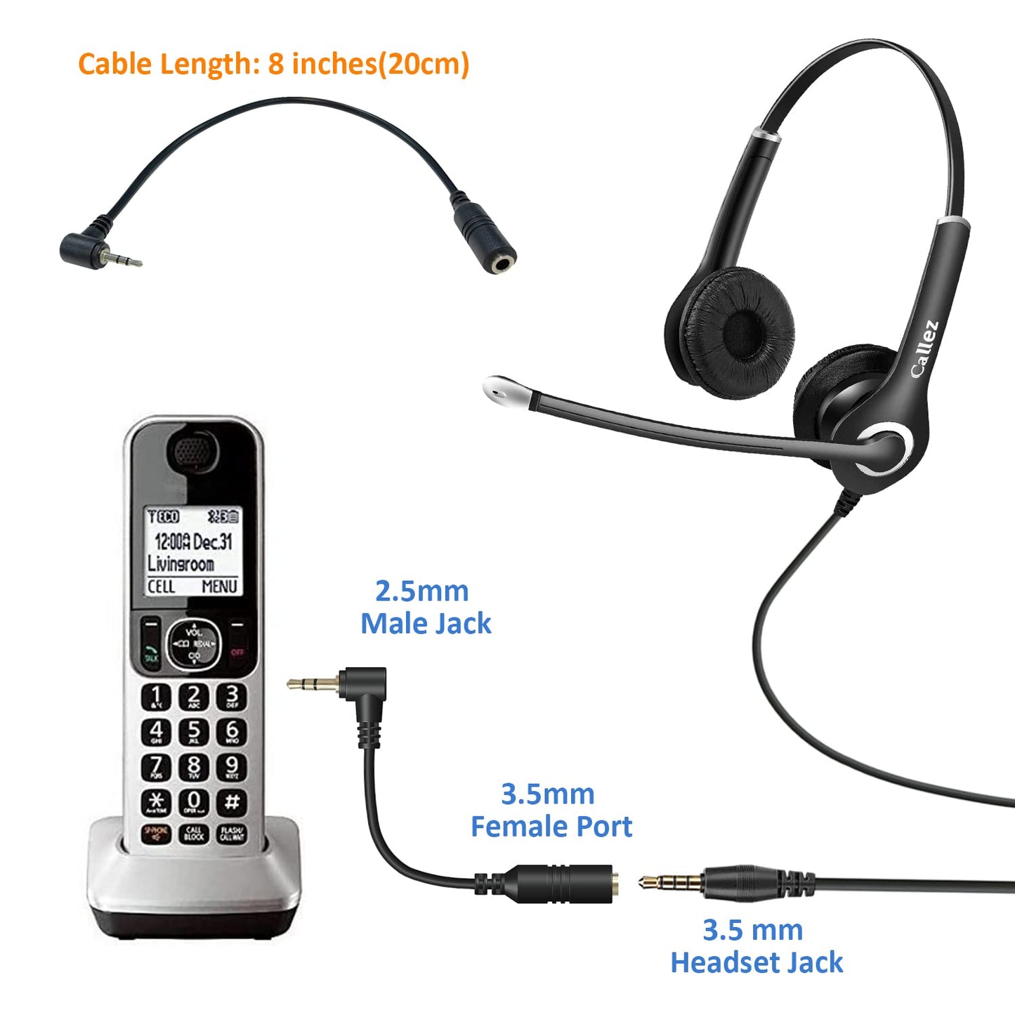 Callez 3.5mm Female to 2.5mm Male Headphone Adapter Cable Connector, Suit for Smartphone Headset Convert to 2.5mm Jack Work for Telephone and Cordless