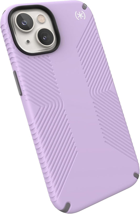 Speck Presidio2 Grip MagSafe Case for iPhone 14/13/16e (6.1”) - Slim Dual-Layer Drop & Scratch Protection, Anti-Slip Grip - Spring Purple/Cloudy
