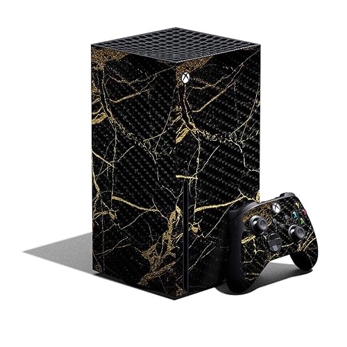 MightySkins Carbon Fiber Skin Compatible with Xbox Series X Bundle - Black Gold Marble | Protective, Durable Textured Carbon Fiber Finish | Easy
