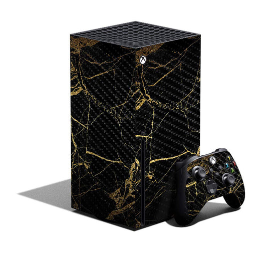 MightySkins Carbon Fiber Skin Compatible with Xbox Series X Bundle - Black Gold Marble | Protective, Durable Textured Carbon Fiber Finish | Easy
