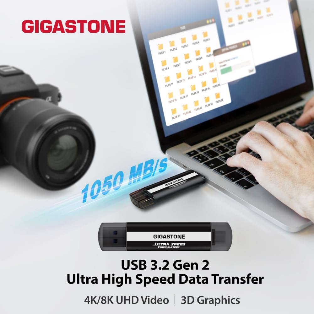 Gigastone 500GB Gaming External SSD, USB-C & USB-A, 1,050MB/s,iPhone15, Mac, Laptop, Smartphone SSD Backup Hard Drive