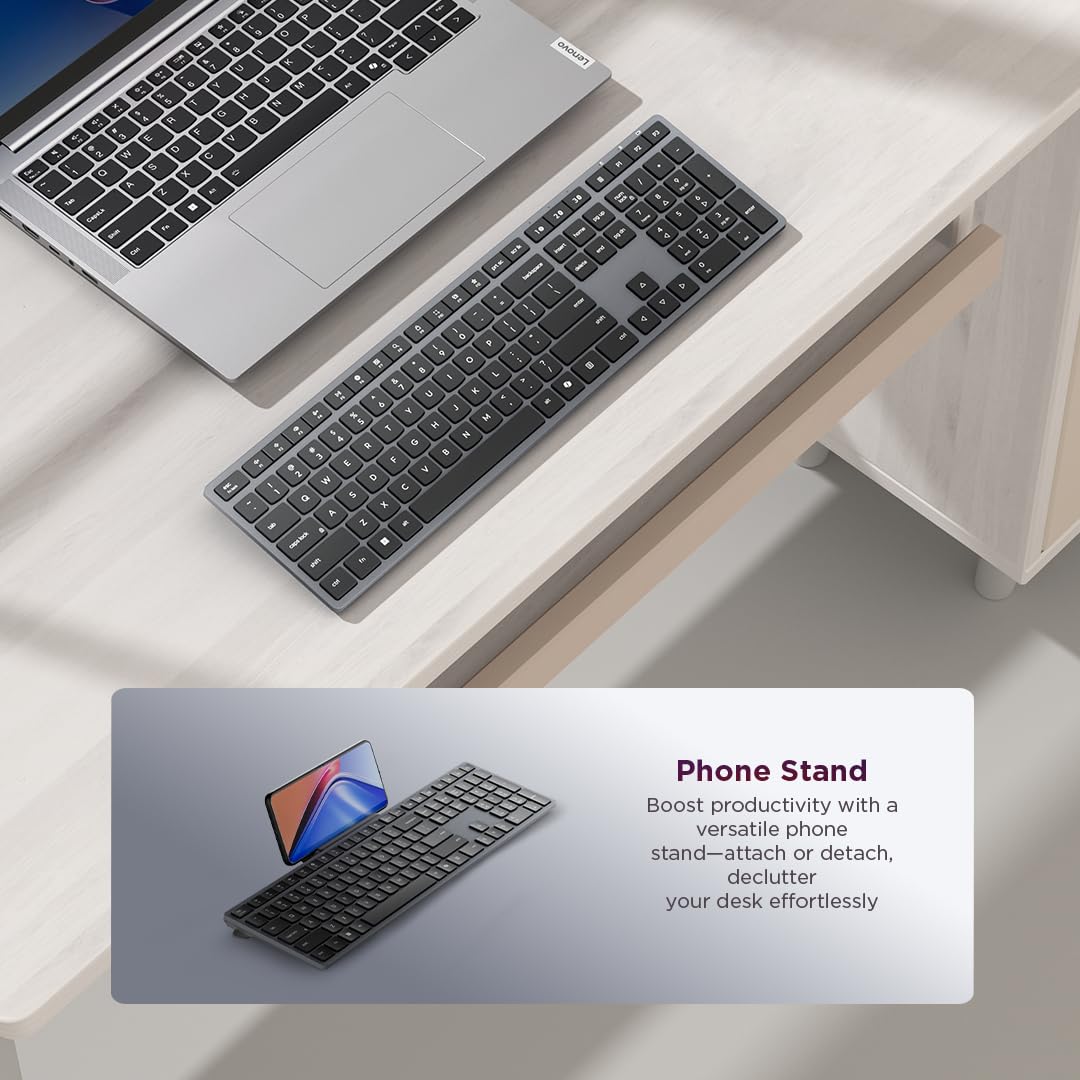 Lenovo 700 Modern Wireless Keyboard, 2.4 GHz Dongle & Dual Bluetooth Connection, AES-128 Encryption, 36 Month Battery Life, Luna Grey
