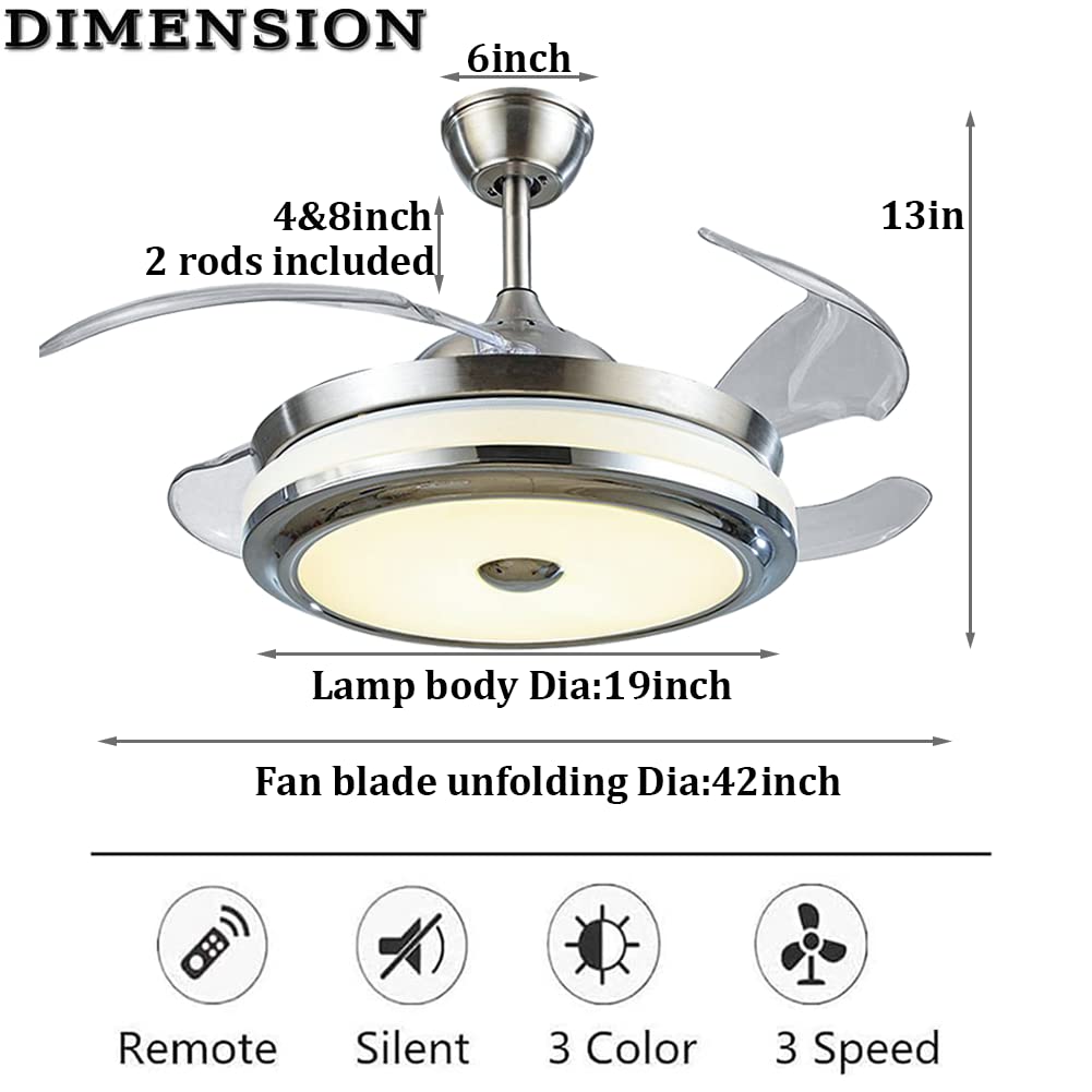 42 Inch Ceiling Fans with Lights and Remote Control, Modern Retractable Blade Invisible Ceiling Fan Chandelier Light with 3-Color Change Fan Lights
