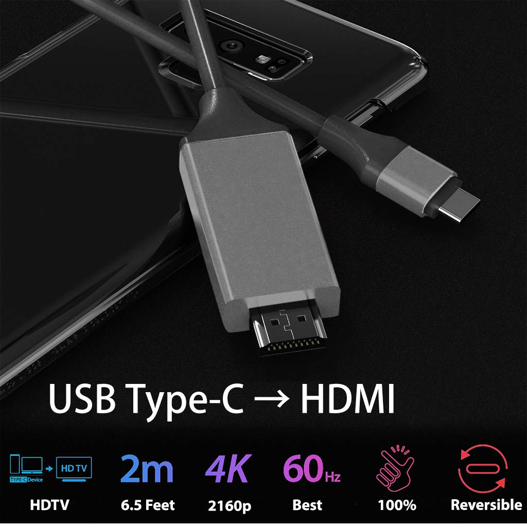 USB-C/PD 4k HDMI Cable Compatible with Samsung Galaxy Tab A8 10.5 with Full 2160p@30Hz, 6Ft/2M Cable [Gray, Thunderbolt 3 Compatible]