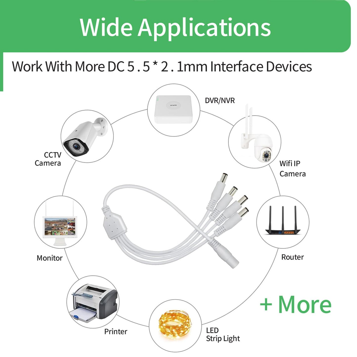 12V DC Power Splitter Cable 1 to 4 Way, Plug 5.5mm x 2.1mm for CCTV Security Camera, LED Strip Light and More,2-Pack White