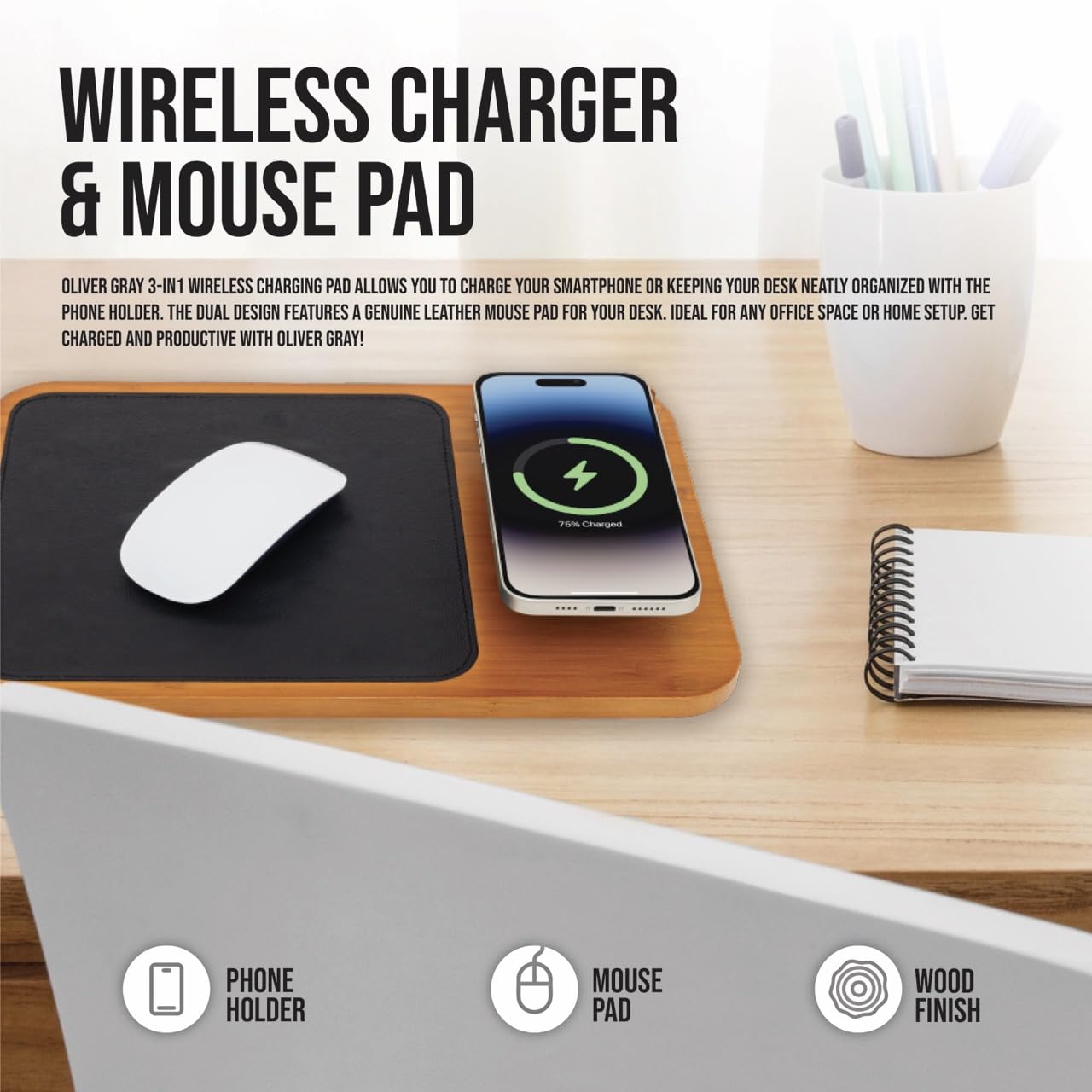 Oliver Gray Mousepad with Wireless Charger - 3-in-1 Wooden Wireless Charging Station & Phone Holder, Premium Vegan Leather Desk Charger Mat