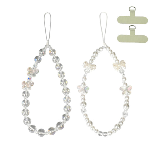 NUANJUYU 2PCS Handmade Beaded Phone Strap, Crystal Butterfly Bow Pearl Phone Lanyard Wristlet Keychain for Women?Crystal White?