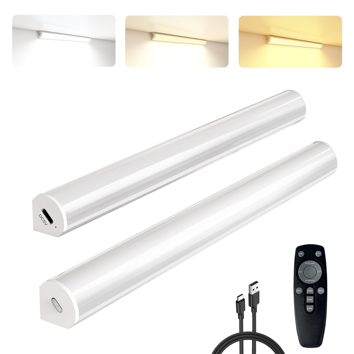 Under Cabinet Lighting Wireless with Remote,Rechargeable Battery Operated Closet Lights,3 Color Magnetic Dimmable led Strip Lights,Under Counter