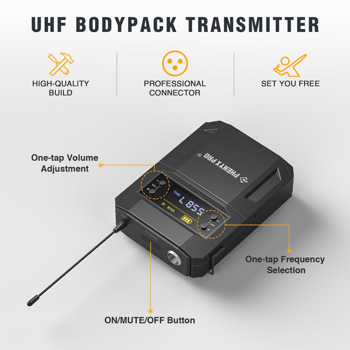 Phenyx Pro Wireless Bodypack Transmitter, UHF Bodypack with 3-Pin XLR Jack, Selectable 30 Frequencies, Compatible with PTU-52/PTU-5200/PTU-4200
