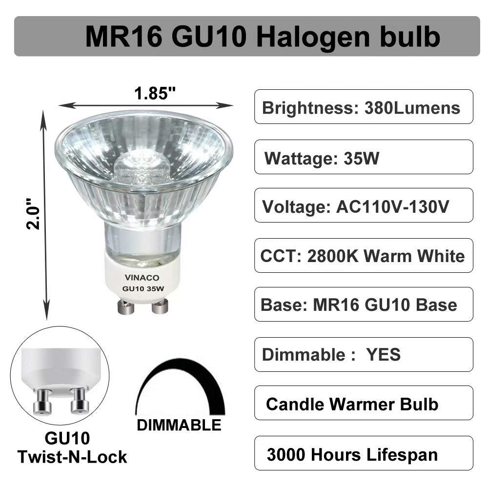 Vinaco GU10+C 120V 35W Halogen Bulbs, 6Pack MR16 Dimmable for Candle Warmer