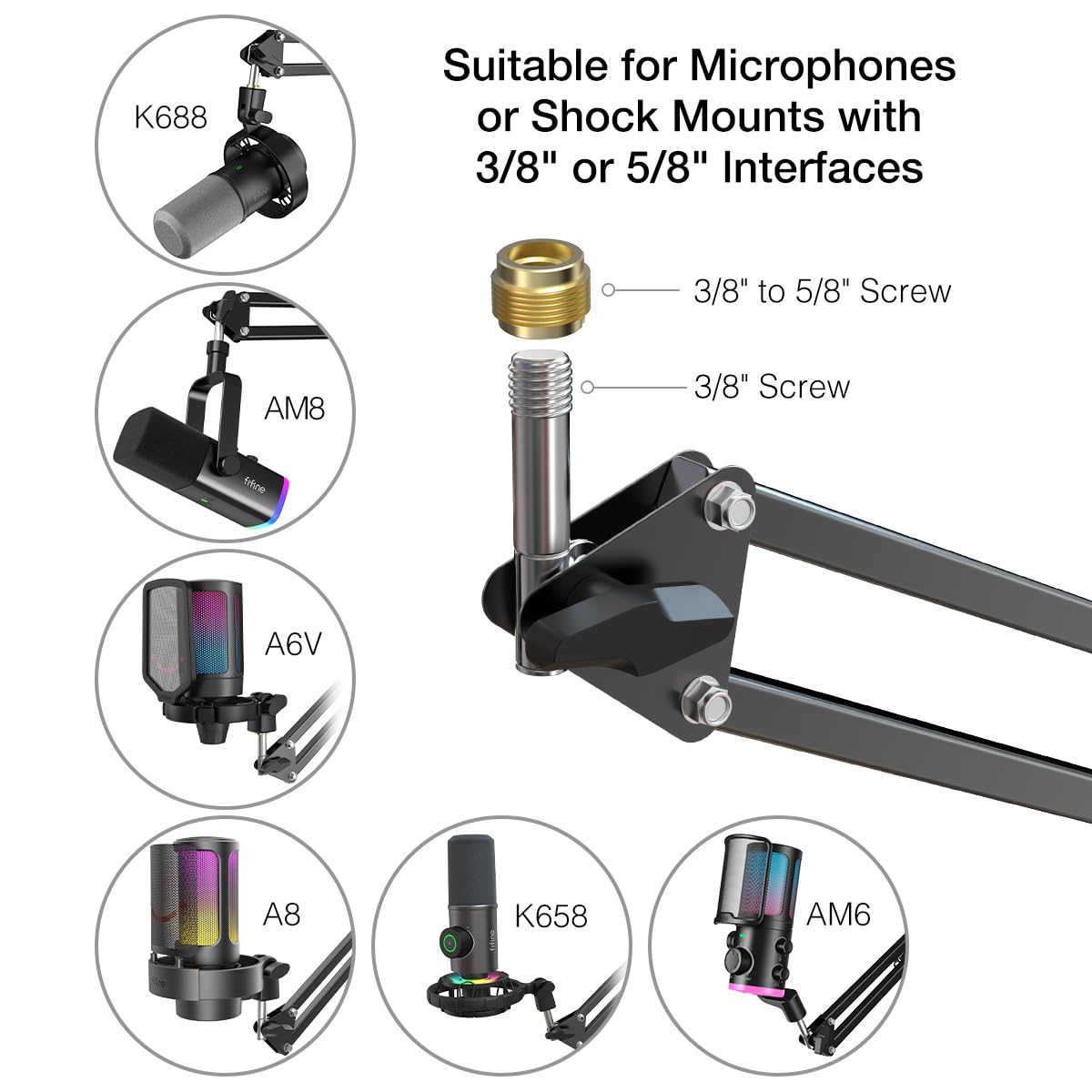 Microphone Arm Stand, FIFINE Suspension Boom Scissor Mic Stand with Heavy Duty Clamp, 3/8" to 5/8" Adapter, for Voice-over, Gaming, Recording, Studio