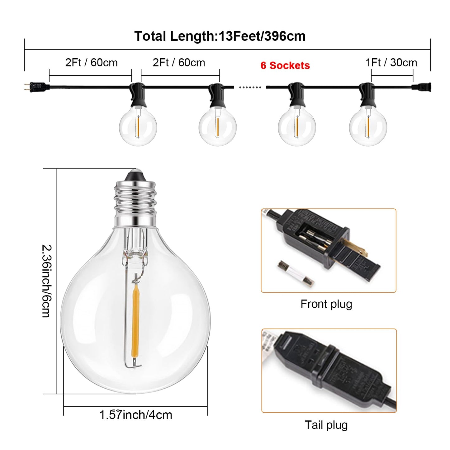 TAICORE Outdoor String Lights with ST38 Clear Globe Bulbs, Black Cord, Waterproof LED Edison Filament Decorative Lighting for Patio, Garden, Backyard