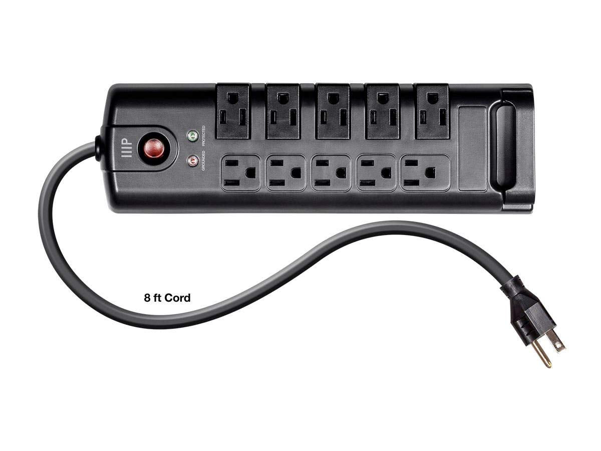 Monoprice 10 Outlet Rotating Surge Protector Power Strip - 2880 Joules, Heavy Duty Cord, 8 Feet, Black
