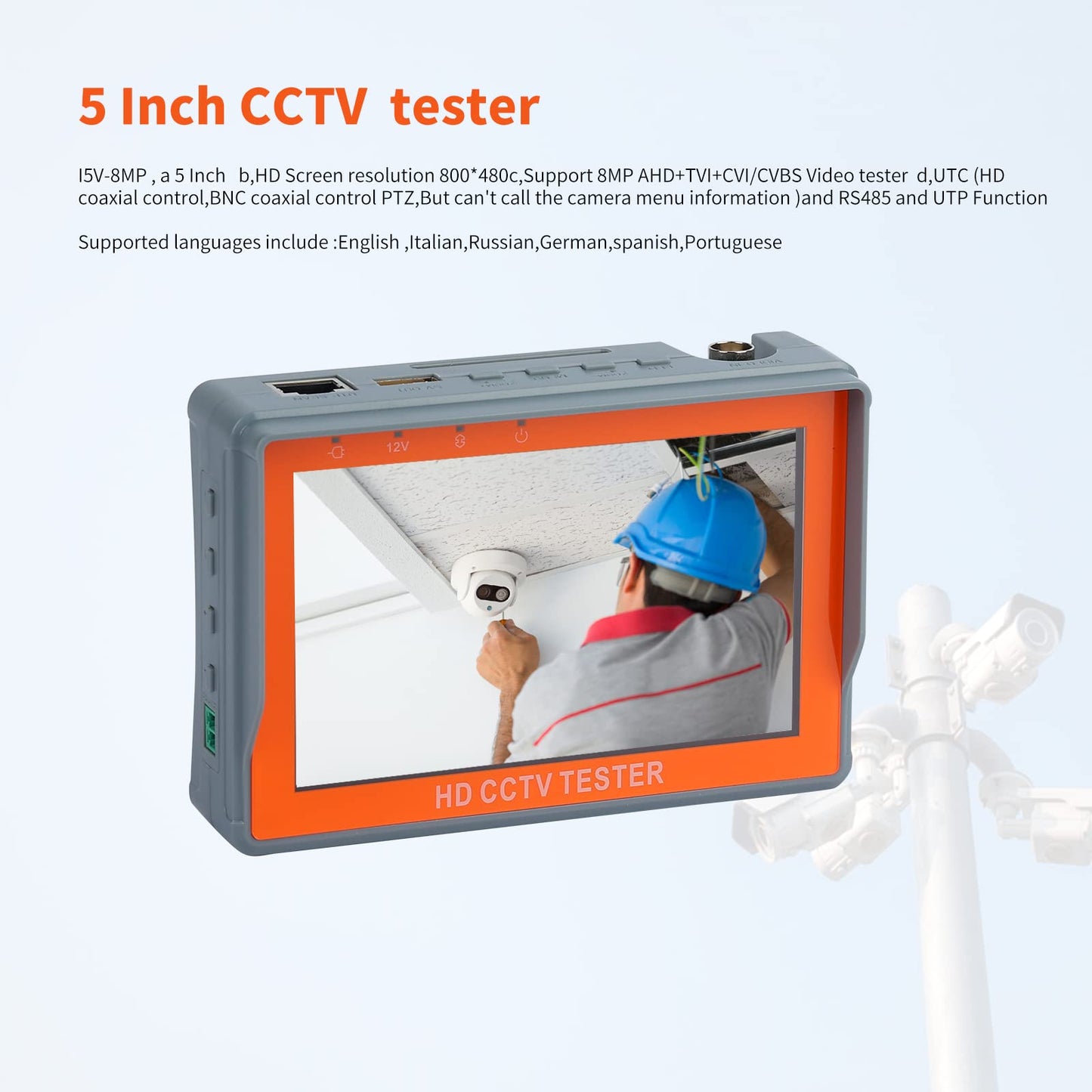 CCTV Camera Tester Monitor IV5 5inch 8MP AHD TVI CVI CVBS Portable CCTV Testing PTZ