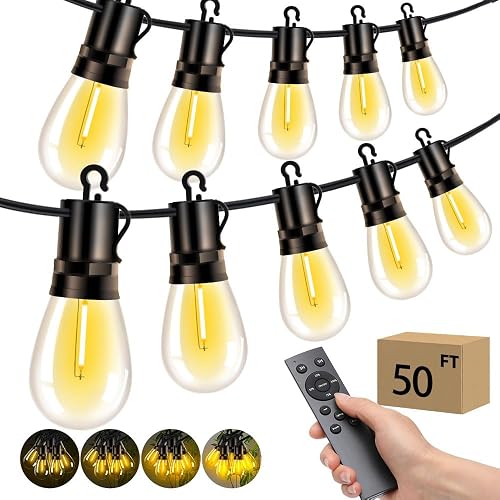 VOZUJI Outdoor Patio String Lights: S14 Shatterproof Bulb Outside Waterproof Light - 50FT 15M Remote Dimmable Connectable Hanging Outdoor Electric