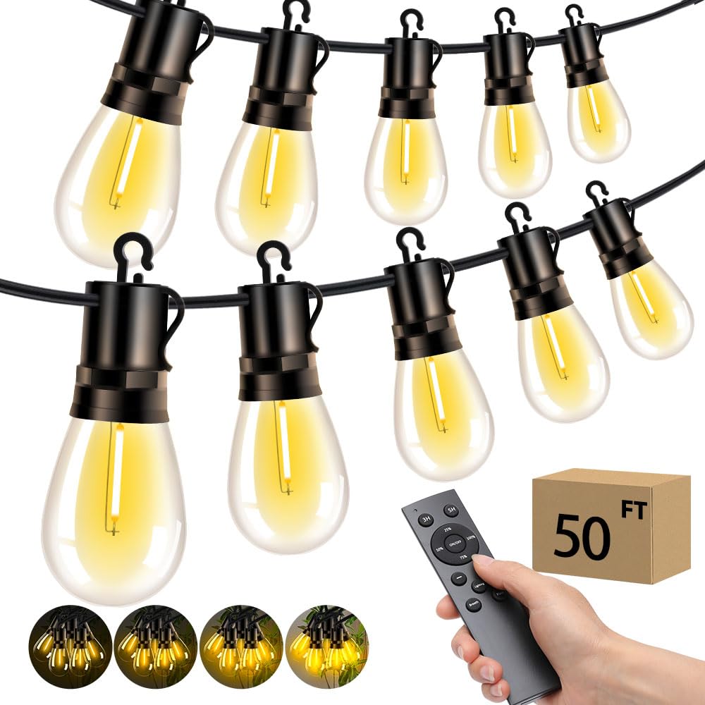 VOZUJI Outdoor Patio String Lights: S14 Shatterproof Bulb Outside Waterproof Light - 50FT 15M Remote Dimmable Connectable Hanging Outdoor Electric