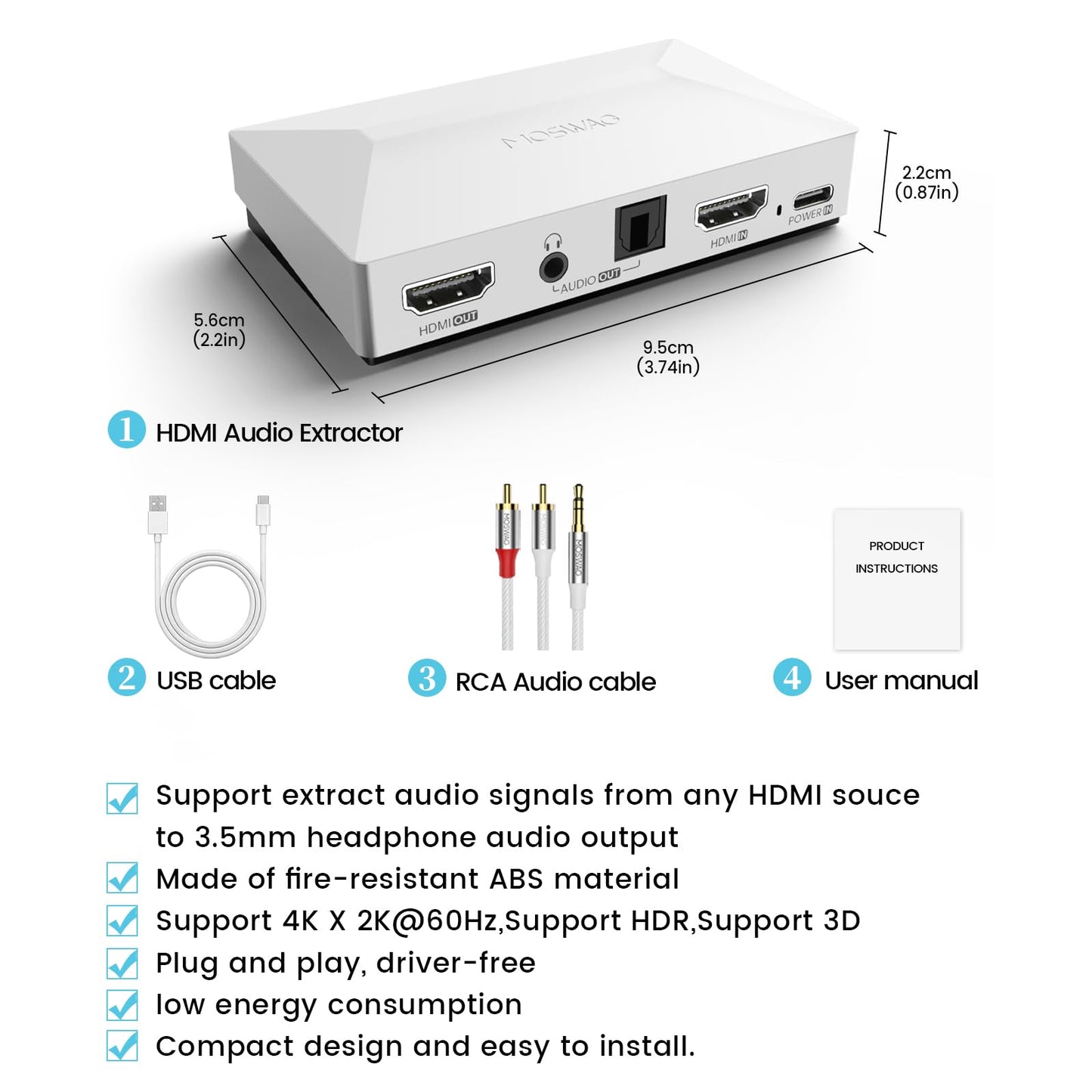 MOSWAG HDMI Audio Extractor, 4K60 HDMI to Optical 3.5mm AUX Audio Adapter Splitter Converter, White, Compatible with PS5, Switch, Blu-ray Player