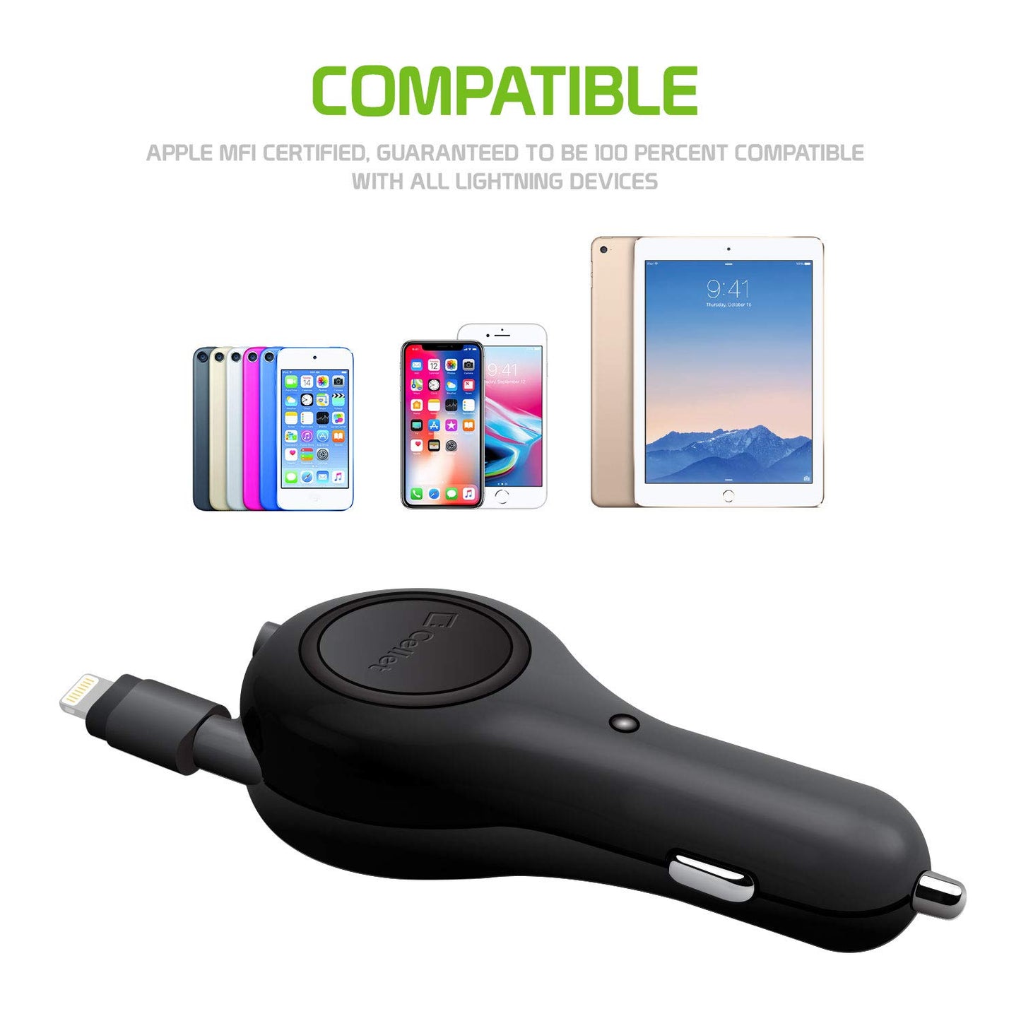 Cellet Retractable Car Charger with Lighting Cable Compatible to Lightning with Apple iPhone 14 Pro Max Plus 13 12 SE11 Xr Xs X iPad Pro Air Mini…