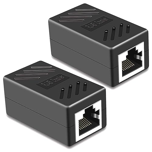 RJ45 Coupler, PLUSPOE 2 Pack Ethernet Cable Extender Inline LAN Connector Plugs for Cat5 Cat5e Cat6e Cat7 Cable, Female to Female (Black)